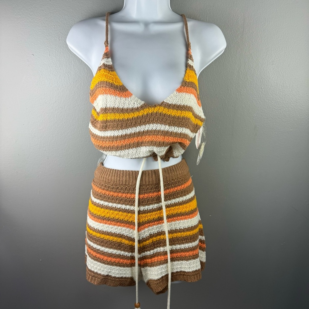 Stripe Knitted Crochet Cream Orange Yellow Vacation Beach 2pc Short Set - Large